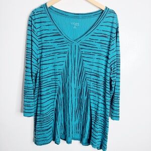 Escape Habitat Teal Stripe Top XL V-Neck 3/4 Sleeve Flowy Swing Tunic Relaxed